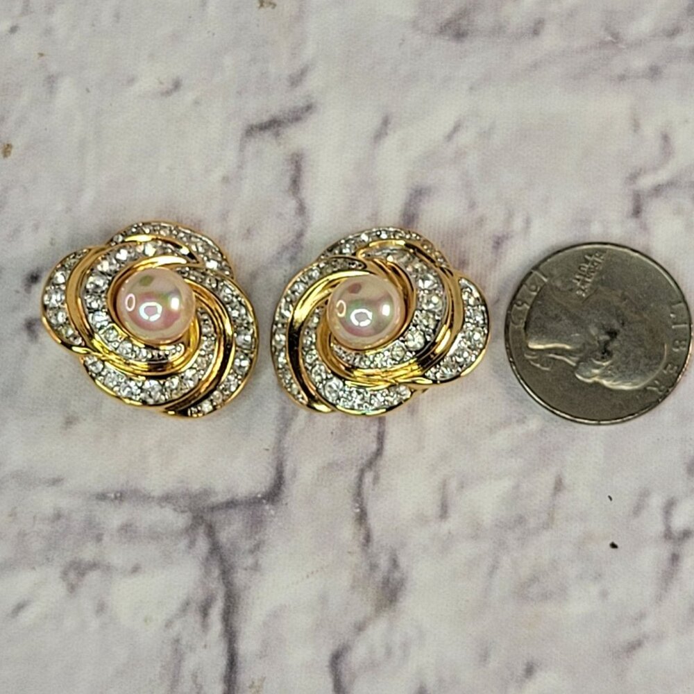 Signed Nolan Miller Faux Pearl & Rhinestone Clip On Earrings Vintage Mint - Picture 6 of 6